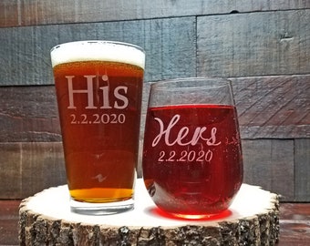 His and Hers Beer and Wine Glass Set, Custom Engraved with Date, Gift for the Couple, Personalized Glasses, Stemless Wine and Pint Glass