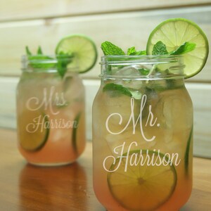 Mr Mrs Mason Jar Glasses / Personalized Wedding Glasses / Engraved Glasses / Etched Gift / Rustic Wedding / Set of 2 - Add Your Date or Name