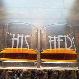 His and Hers Whiskey Glasses, Custom Wedding Gift, Engraved Rocks Glass, Whiskey Glasses Personalized, Gifts for the Couple Set of 2 image 1