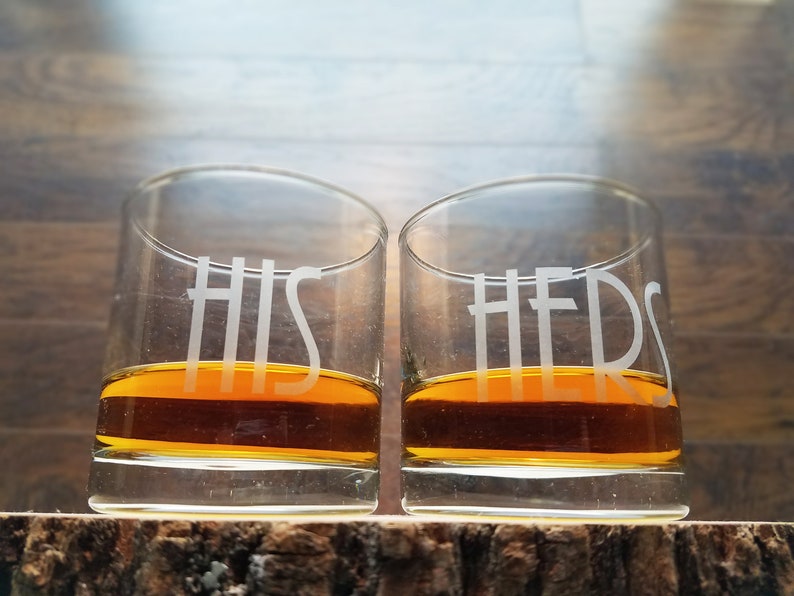 His and Hers Whiskey Glasses, Custom Wedding Gift, Engraved Rocks Glass, Whiskey Glasses Personalized, Gifts for the Couple Set of 2 image 1