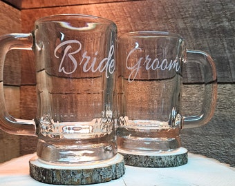 Bride and Groom Beer Mugs, Personalized Beer Glasses, Gifts for the Couple, Engraved Wedding Glasses, Glass Beer Mug With Handle - Set of 2