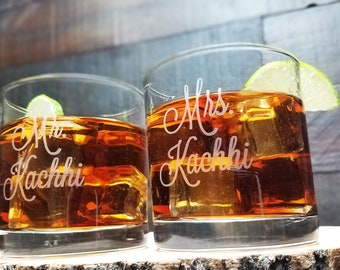 Mr. and Mrs. Whiskey Glasses, Custom Engraved Bourbon Glass Set, Scotch Glass, Wedding Gift,  Anniversary Gift, Wedding Gift for Couple