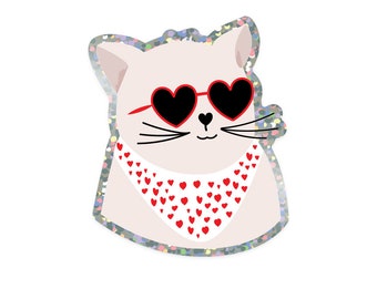 Stickers pailleté chat avec lunettes coeur