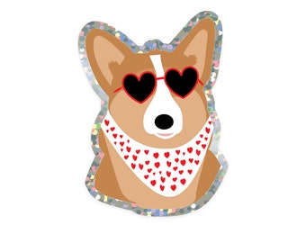 Stickers pailleté chien corgi avec lunettes coeur