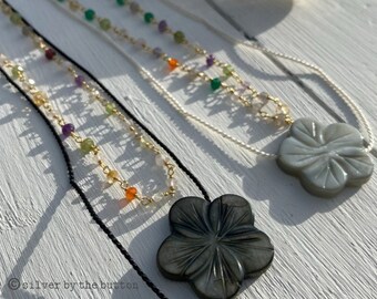 Mother of Pearl Flower & Rosary Chain Sterling Silver Necklace