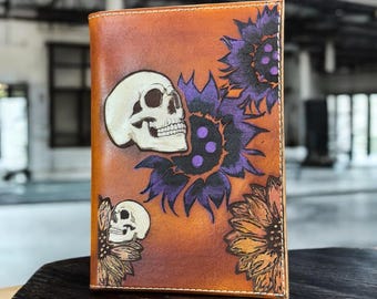 Handmade Leather Notebook Cover: Skull & Sunflower, Full Grain Veg Tan (9x6)