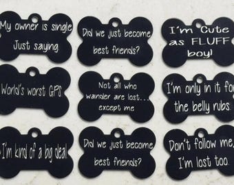 Small Custom Black Aluminum Dog Tags (1.5” x 1”) — Funny + Sarcastic Pet ID Tags