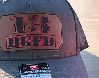 Custom Fire Station Richardson 115 Trucker Hat: Laser-Engraved Leatherette Patch