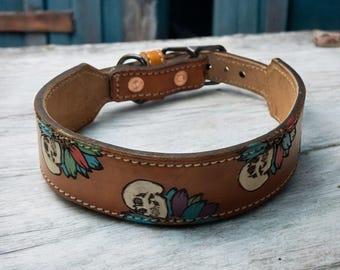 Engraved Leather Dog Collar: Skull & Sunflower, Western Gothic Design