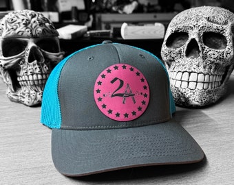Custom Laser Engraved Leather Patch Trucker Hat: Richardson 112 Snapback