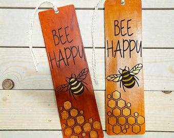 Hand Painted Leather Bookmark – Bee Happy Bookmark – Handmade Leather Bookmark – Honey Bee Gift – Book Lover Gift – Nature Bookmark
