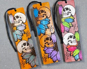 Laser Engraved & Hand Painted Skull Leather Bookmark – Gothic Leather Bookmark Gift for Readers