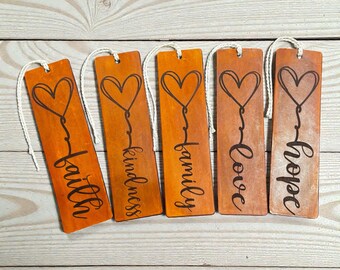 Handmade Leather Bookmark – Faith, Family, Love, Kindness, Hope – Engraved Leather Bookmark Gift