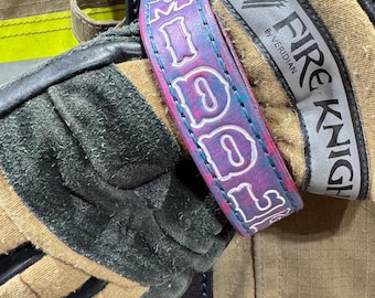 Personalized Leather Firefighter Glove Strap: Cotton Candy Swirl