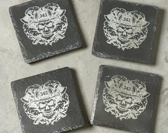 Firefighter Slate Coasters Set of 4 – 343 Tribute Coasters – Firehouse Bar Decor – Firefighter Gift – Engraved Slate Coasters