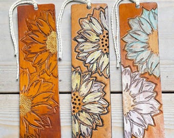Tooled Hand, Painted Sunflower Leather Bookmark – Handmade Leather Bookmark Gift for Readers and Teachers