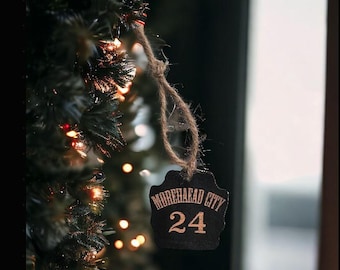 Personalized Firefighter Helmet Shield Ornament, Full Grain Leather, Custom Name & Station Number, Firefighter Christmas Gift