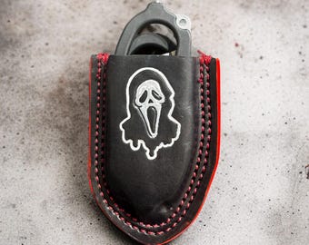 Custom Leather Raptor Shears Holster • Black/Red Horror Mask Design • Firefighter Radio Strap Gear • EMS Shears Holder (Holster Only)