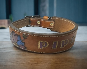 Custom Leather Dog Collar: Handmade Floral Bee Personalized Pet Collar