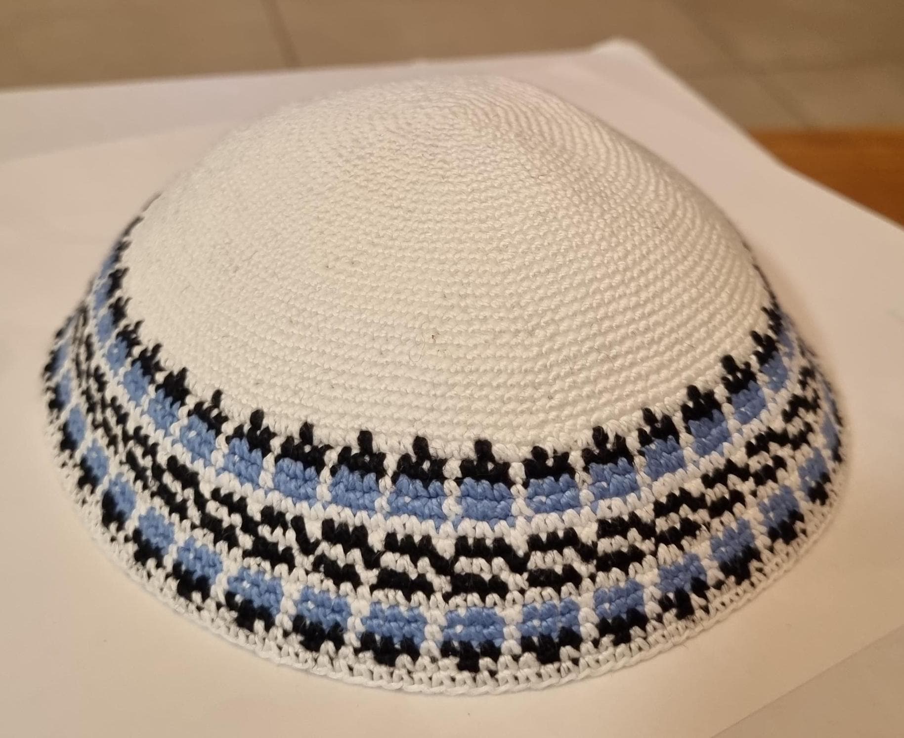 26 Crochet Kippah Patterns for Everyday Wear, Gifts, and Judaica-Inspired Style 26 Blue Pattern Handmade Crochet Kippah, 19 cm