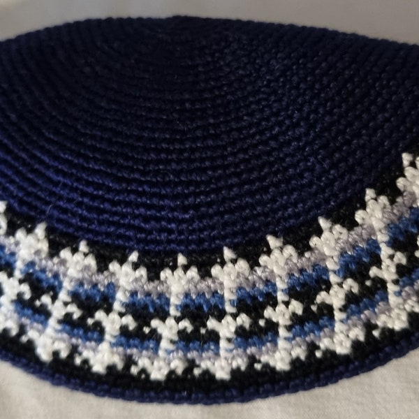 Israel DMC Colorful Blue Or Black Base yarmulke handmade Knitted Jewish 16cm Kippah Yamakah Kippot כיפה border patternYamakah