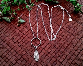 Sky necklace - Long silver plated necklace with circle and feather charm