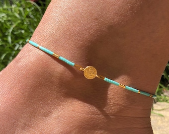 Lucky coin anklet (available in 36 colours) - Seed beaded anklet with small coin connector charm