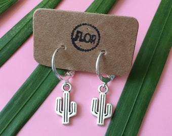 Tiny cactus hoop earrings - Small hoop earrings with cactus charms