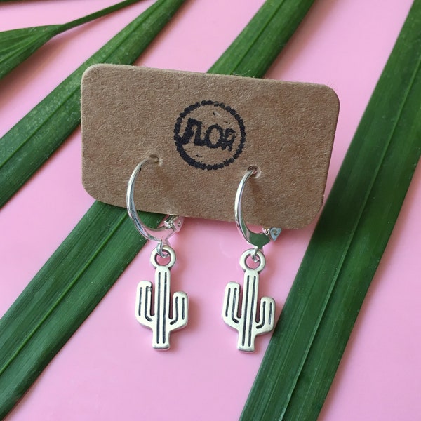 Tiny cactus hoop earrings - Small hoop earrings with cactus charms