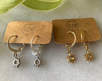 Tiny bohemian sun hoop earrings : Small hoop earrings with tiny sun charms