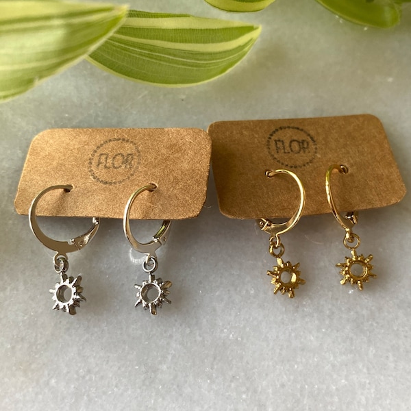 Tiny bohemian sun hoop earrings : Small hoop earrings with tiny sun charms