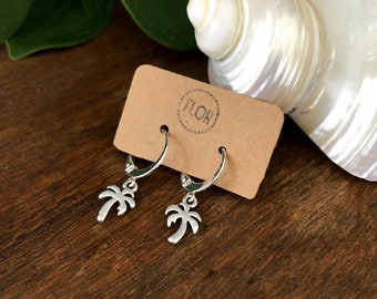 Tiny palm tree hoop earrings : Small hoop earrings with palmtree charms