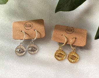 Evil eye coin hoop earrings - Small hoop earrings with round (lucky) eye charms