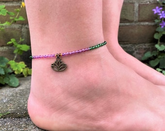 Purple lotus anklet - Colourful anklet with bronze tone lotus flower charm