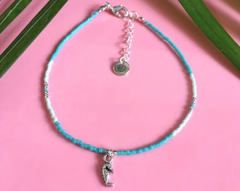 Tiny seahorse anklet - Seed beaded anklet with turquoise, mintgreen and sterling silver plated miyuki beads and a tiny seahorse charm