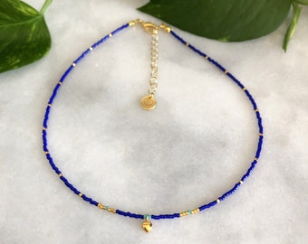 Cleopatras heart choker necklace - Short cobalt blue necklace with tiny heart charm