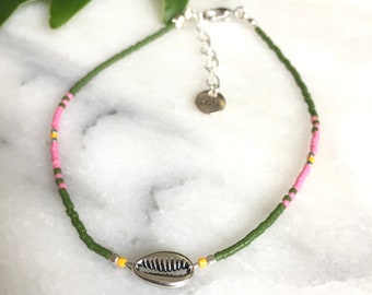 Summer spirit anklet - Colourful seed beaded anklet with silvertone cowry shell