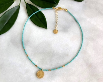 Lucky coin necklace (available in 36 colours) : Seed beaded choker necklace with coin charm
