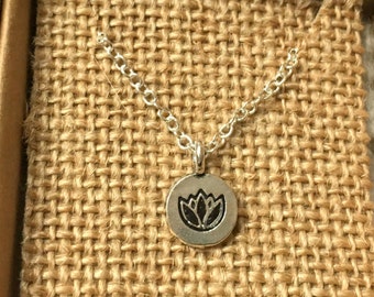 Tiny lotus flower necklace - Silver plated necklace with small lotusflower charm (can be personalised with initial at the back)