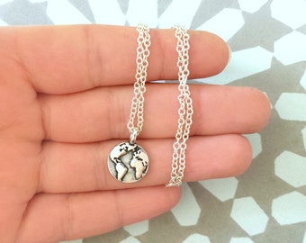 Around the globe necklace - Silver plated necklace with tiny world charm (can be personalised with initial at the back)