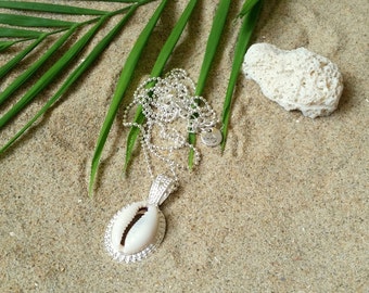 Cowry necklace - Silver plated ballchain with embellished cowry shell pendant