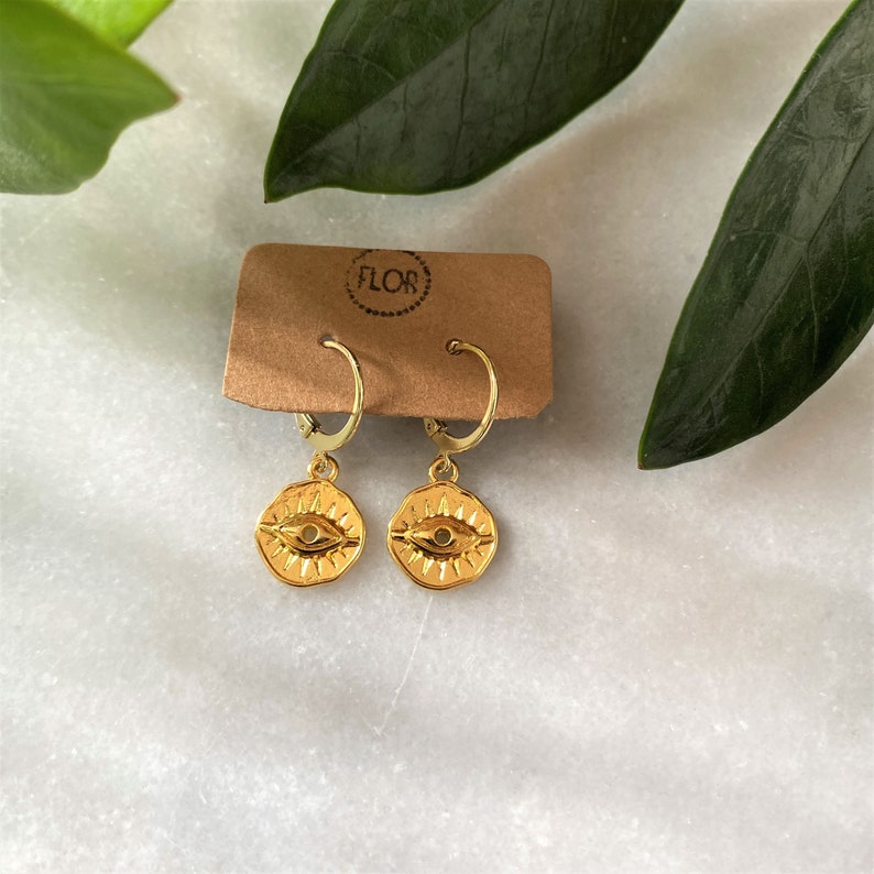 Evil eye coin hoop earrings Small hoop earrings with round lucky eye charms Gold