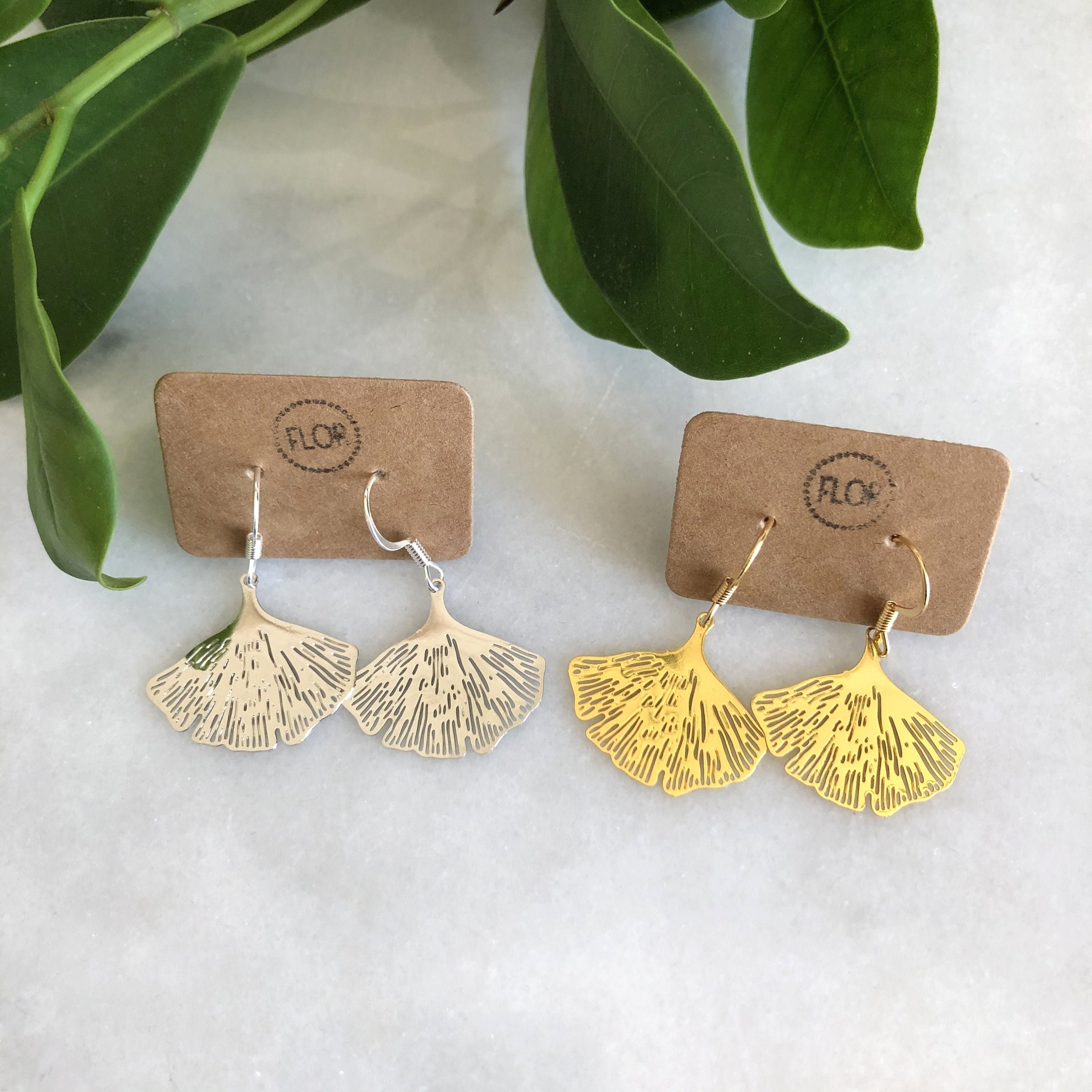 Orecchini Pendenti In Argento 925 Foglia Di Ginkgo Biloba - Ganci Jilpha A1121