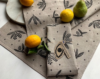 Tea Towel, natural flax linen kitchen towel, hand towel. Designed and block printed in Australia. -Print 60. Budding Acacia