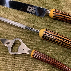 Mid Century Crown Crest Flatware Stainless Steel Sheffield England Carving Knife, Sharpener and Bottle Opener Set Faux Stag Horn Handle