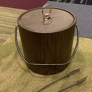 Mid Century Ice Bucket Japan Faux Wood Grain Vinyl Print with Ice Tongs MCM Bar Cart Ice Storage