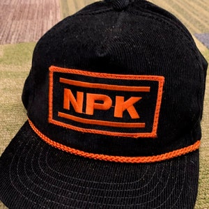 Vintage NPK Construction Equipment Black Corduroy Trucker Hat Baseball Cap 1990s Embroidered Logo Patch Nippon Pneumatic