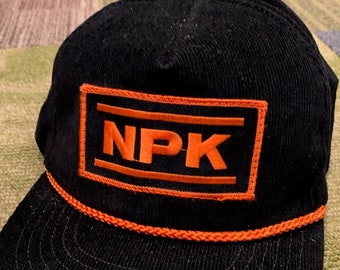 Vintage NPK Construction Equipment Black Corduroy Trucker Hat Baseball Cap 1990s Embroidered Logo Patch Nippon Pneumatic