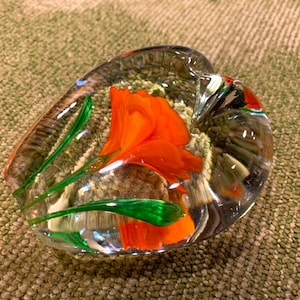 Vintage Heart Shaped Art Glass Paperweight with Orange Flower 4 Inch Heart of Glass