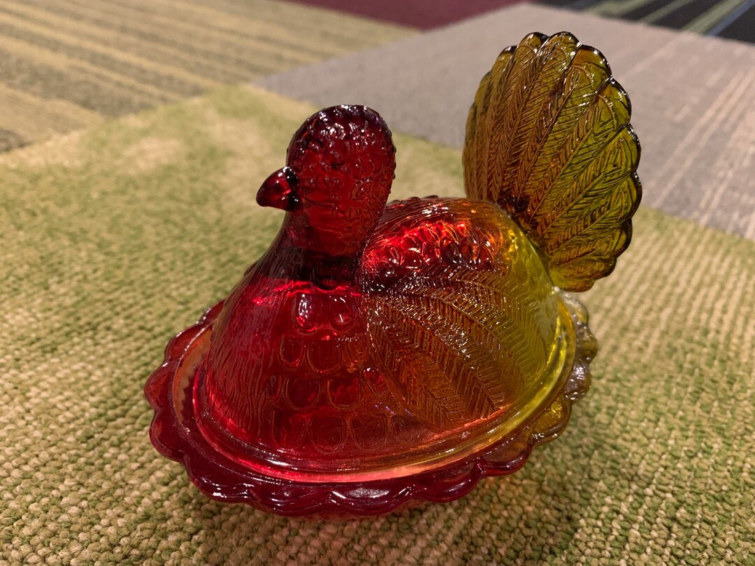 Vintage Depression Carnival Glass Turkey Covered Dish Petite Etsy